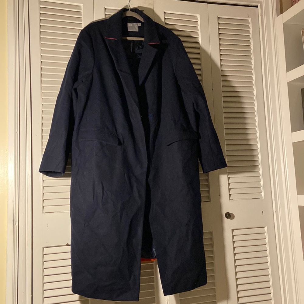 ASOS Womens Long Trench Winter Coat Navy blue with pink and orange detail